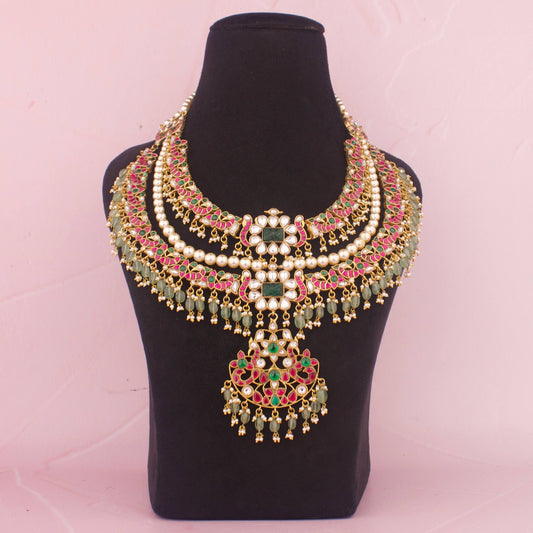 Opulent Bridal Jadau Kundan Necklace with Emerald Highlights & Pearl Work
