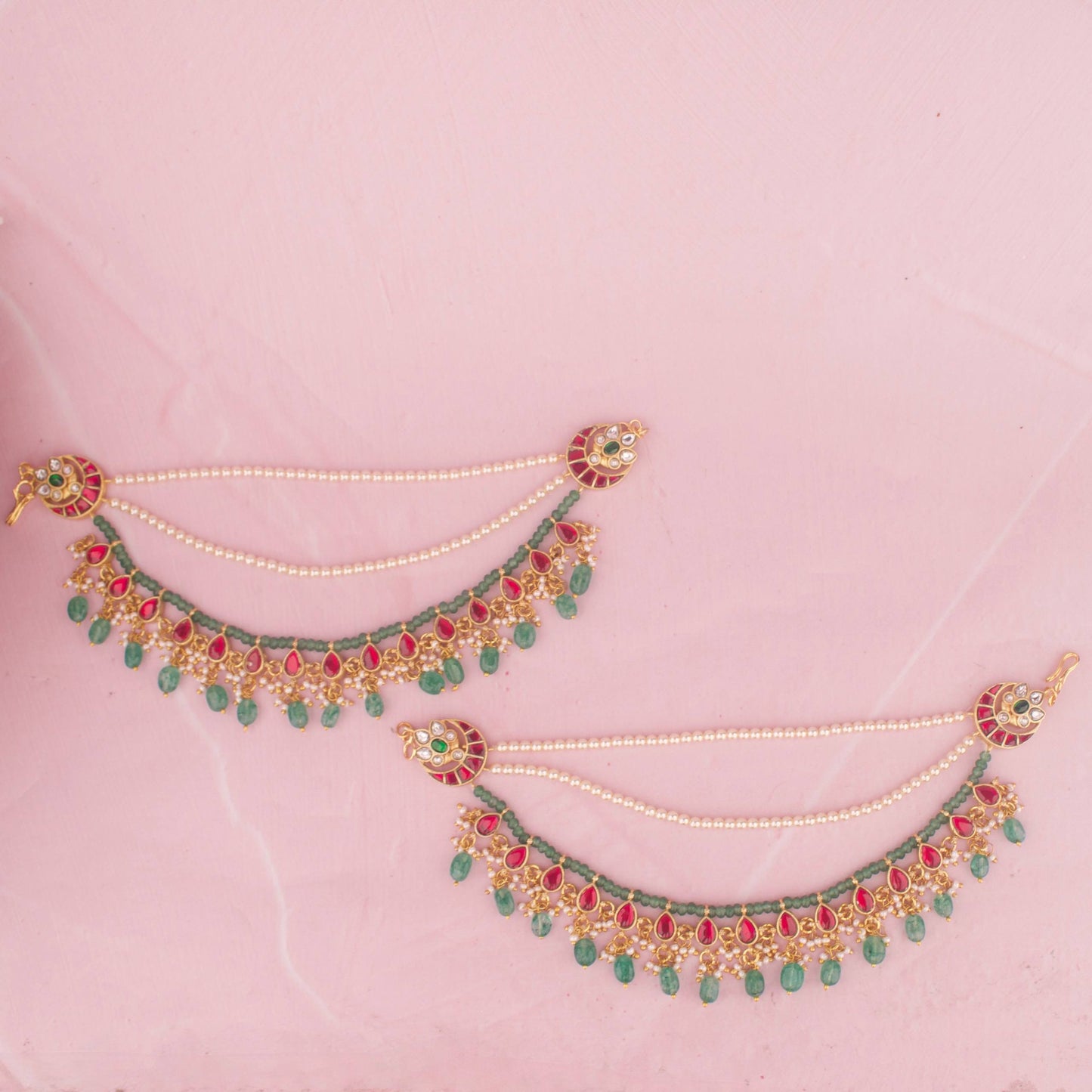 Bridal Jadau Kundan Champasaralu With Green Hangings