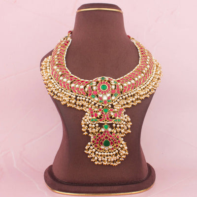 Gold Inspired Jadau Kundan Bridal Necklace With Pearl Hangings
