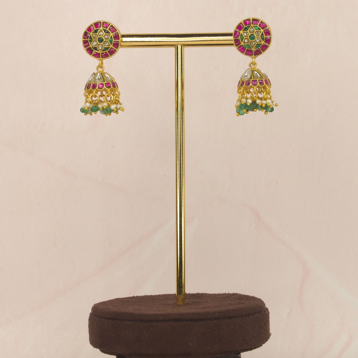 Multi colour jadau kundan jhumka with 22k gold plating. thus product belongs to jadau kundan jewellery category