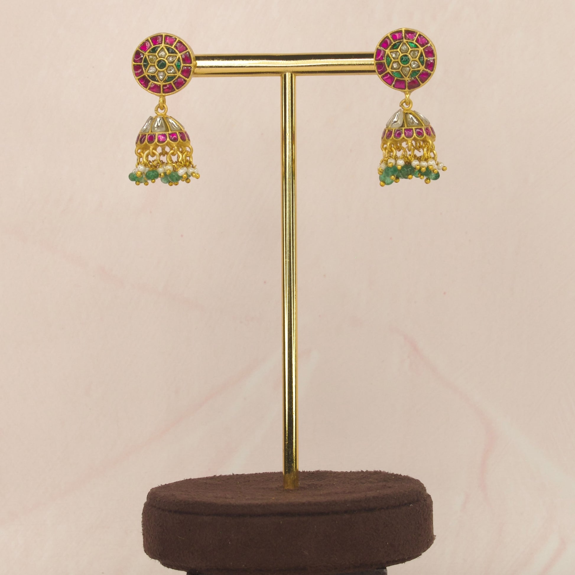 Multi colour jadau kundan jhumka with 22k gold plating. thus product belongs to jadau kundan jewellery category