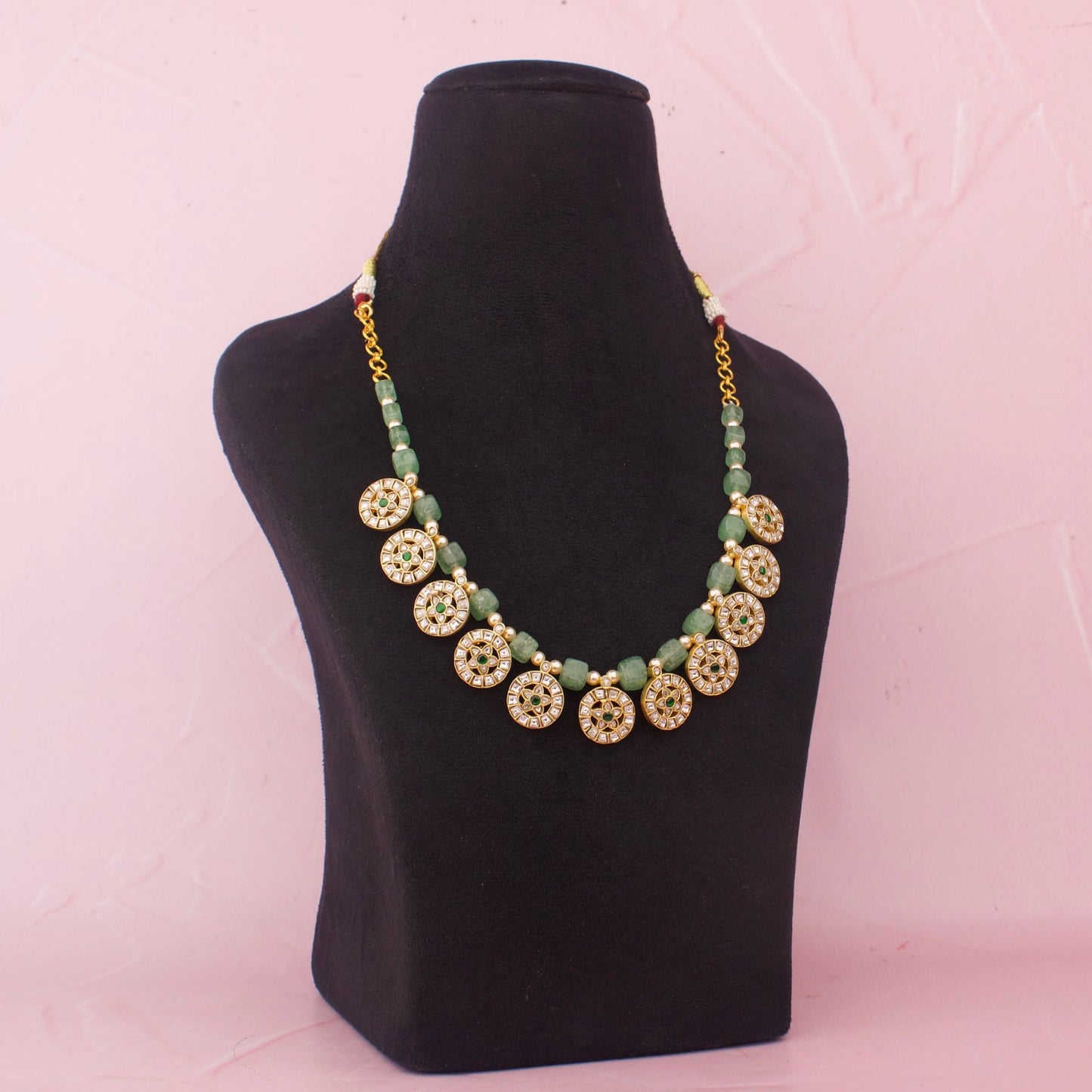 Stylish Green Beads Mala With Floral Motifs