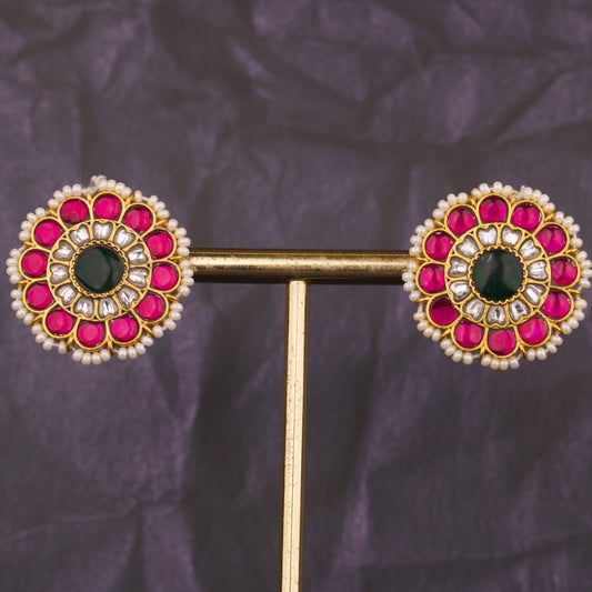 Floral Jadau Kundan Studs Earrings With Pearl Bordering