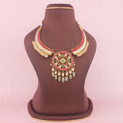 Unique Jadau Kundan Kanti Necklace With Green Drops