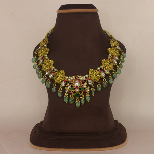 Elegant Floral Motif Jadau Kundan Necklace with Green Bead Drops