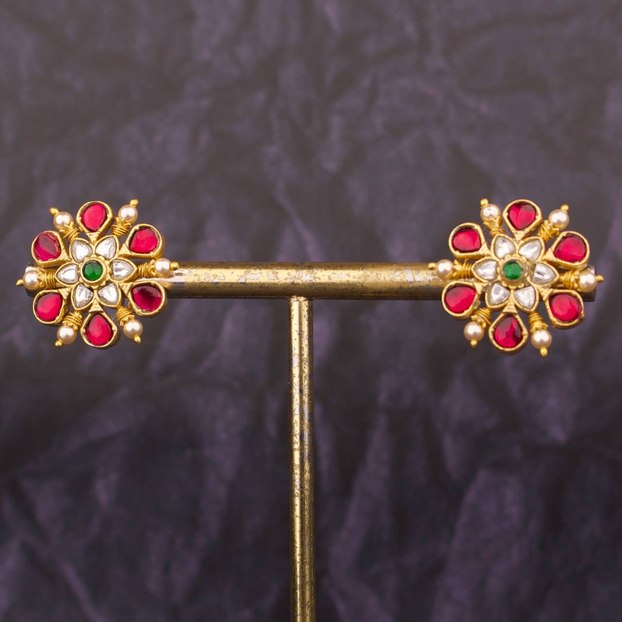 Floral Pearl Studded Jadau Kundan Tops Earrings