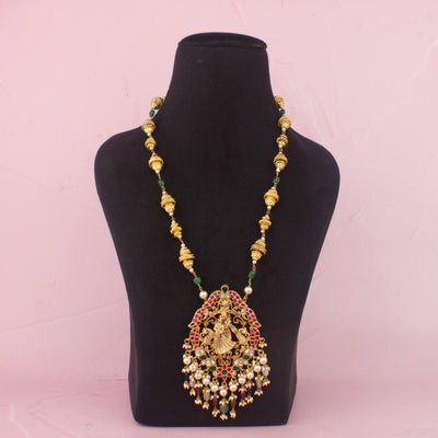 Temple Long Necklace With Goddess Pendant And Pearl Drops