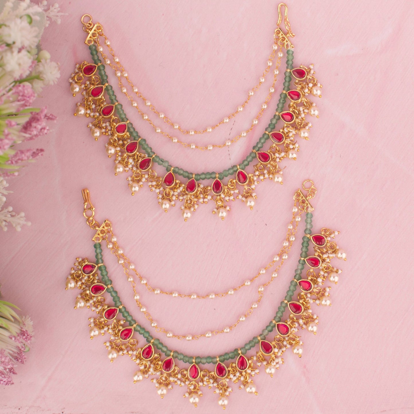 Elegant Jadau Kundan Earchain With Pearl Hangings