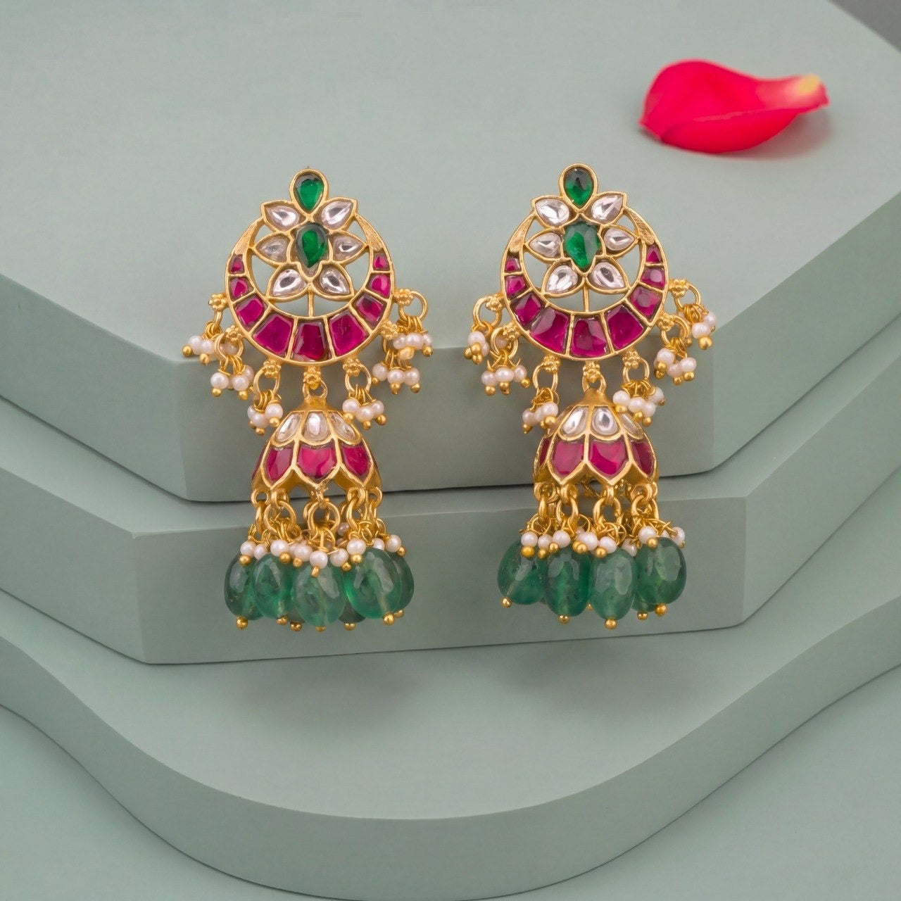 Classy Jadau Kundan Jhumki Earrings With Green Beads