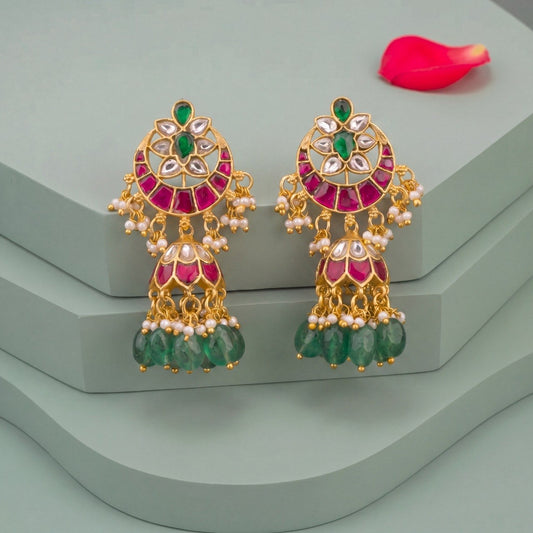 Classy Jadau Kundan Jhumki Earrings With Green Beads