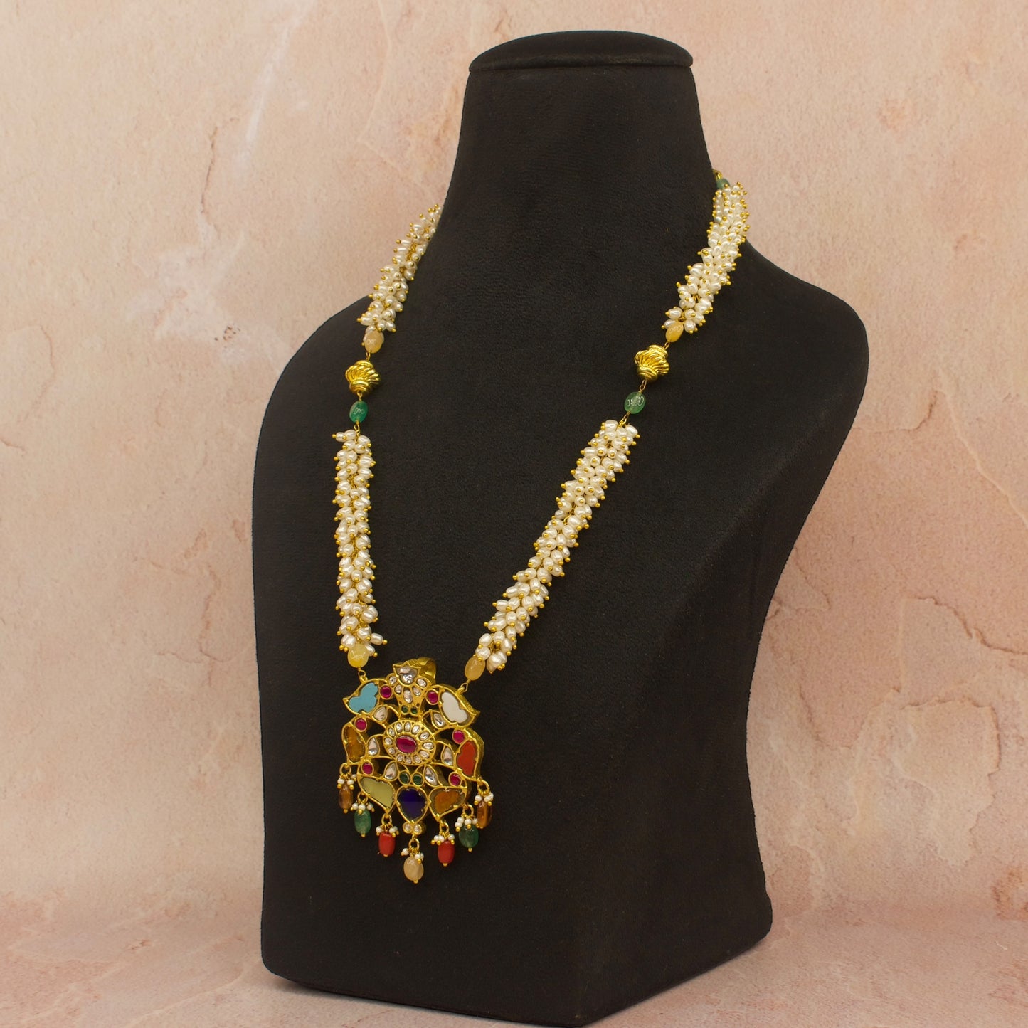 Navratna locket pearl chain necklace