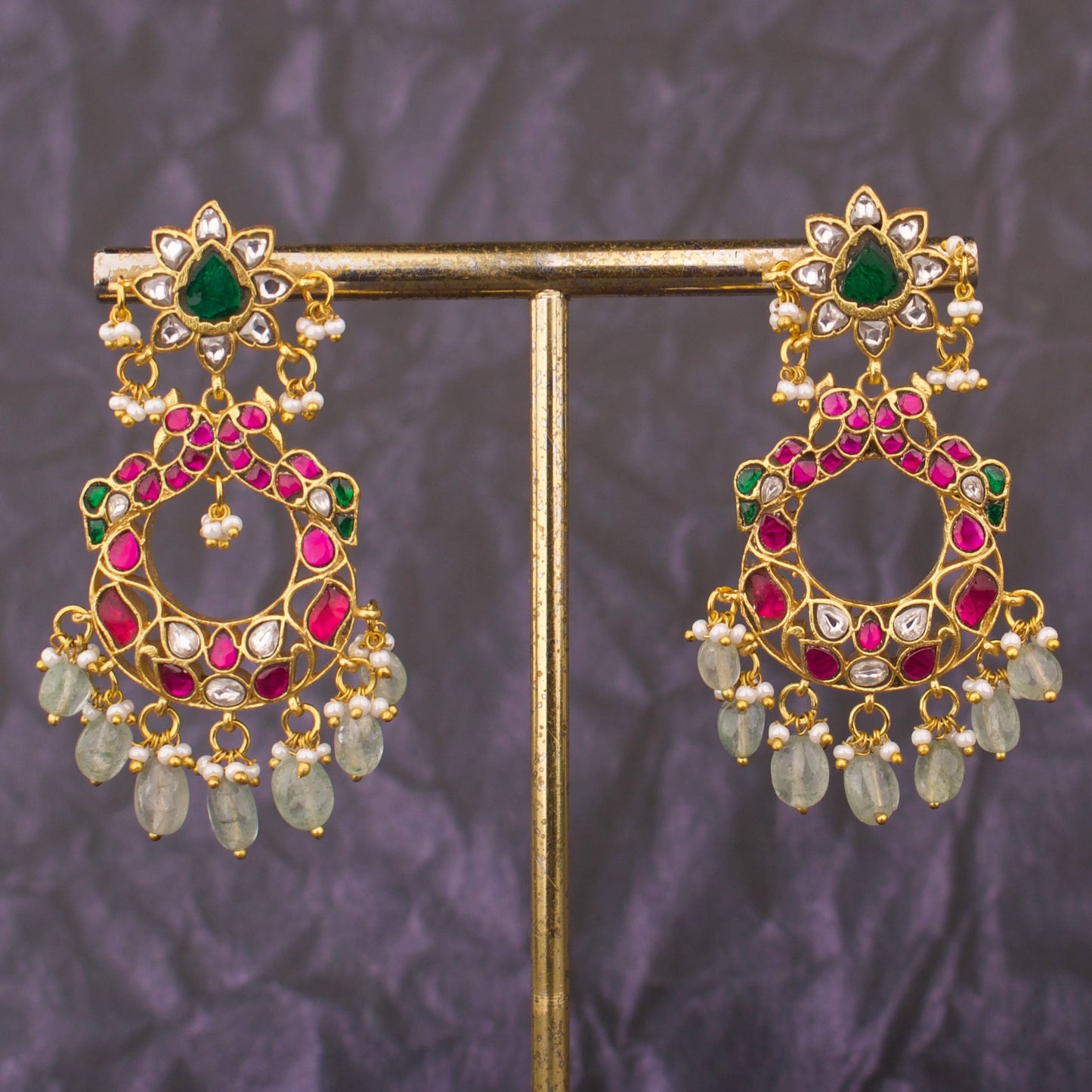 Statement Peacock Floral Design Jadau Kundan ChandBali Earrings