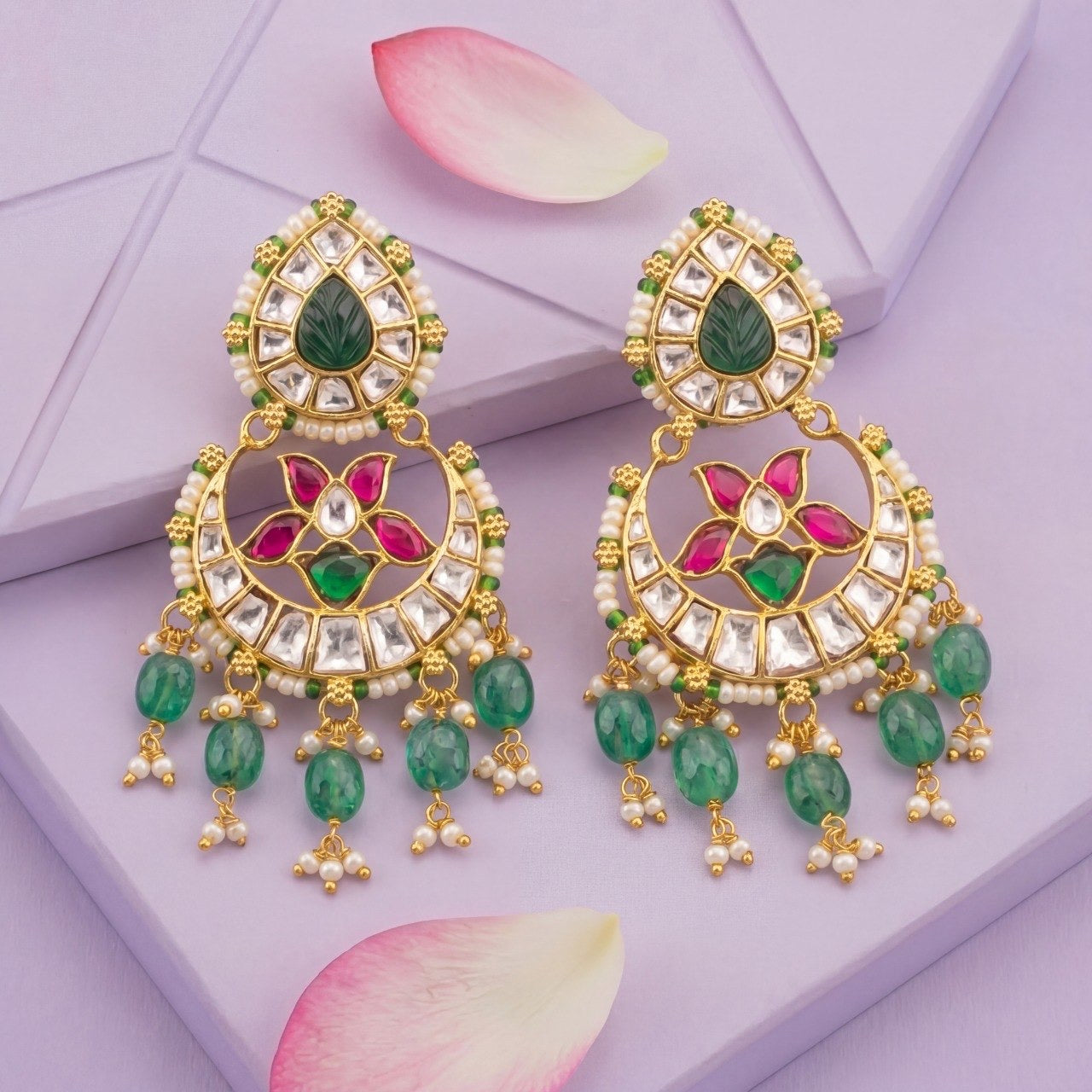Stylish Jadau Kundan Earrings With Emerald Drops
