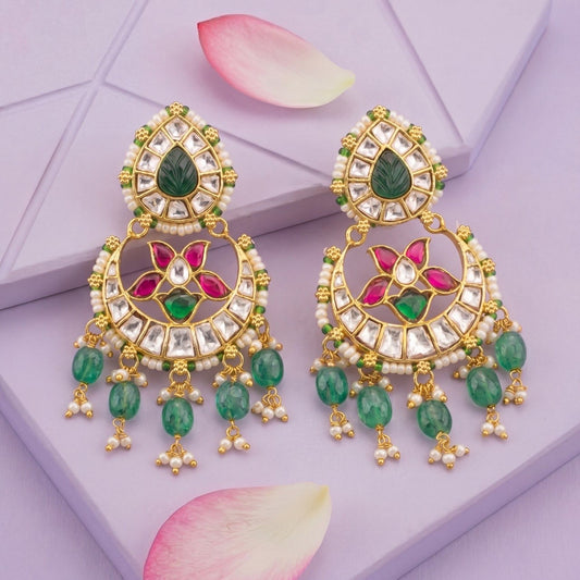 Stylish Jadau Kundan Earrings With Emerald Drops