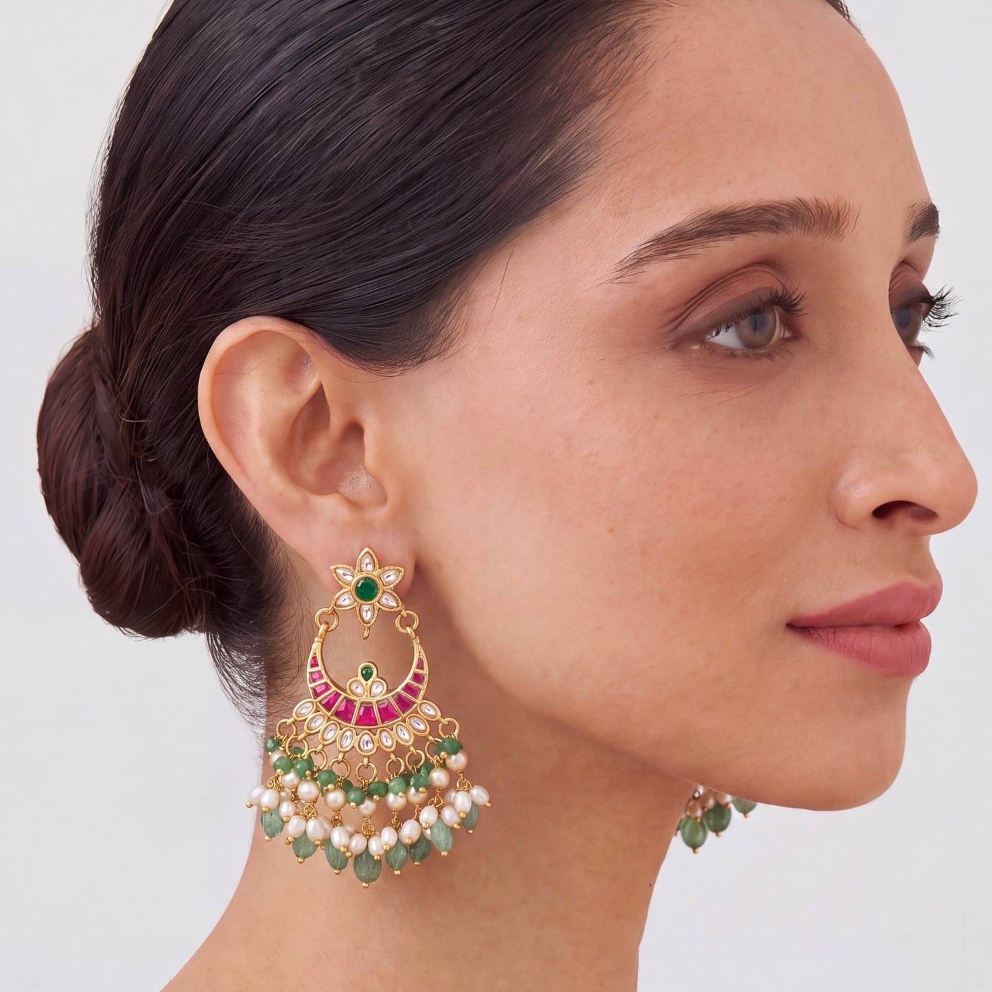 Floral Studded Jadau Kundan Guttapusalu Chandbali Earrings Craftsmanship & Detail View - Dulhan Jewels