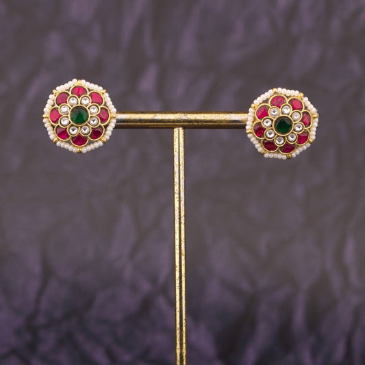 Glorious Jadau Kundan Stud Earrings With Pearl Bordering