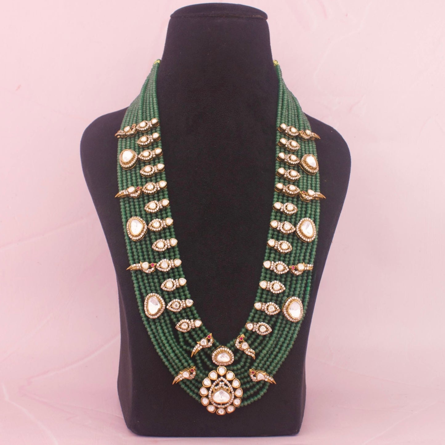 Royal Jadau Kundan Green Beads Mala With Earrings