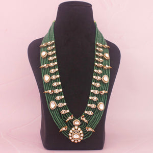 Royal Jadau Kundan Green Beads Mala With Earrings