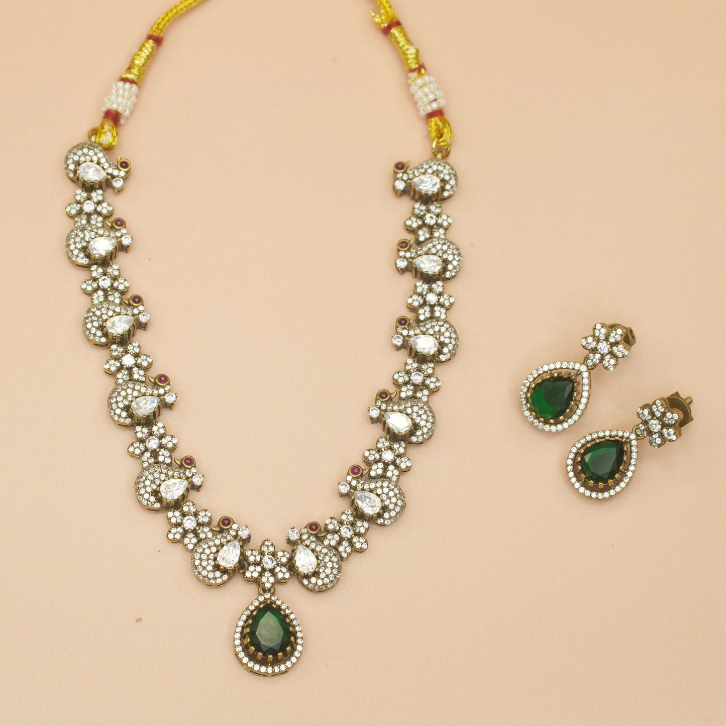 Simple Peacock Victorian Necklace Set with pearl drop earrings