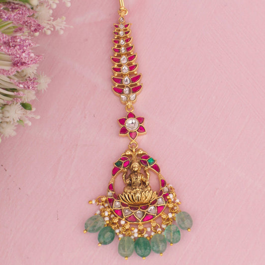 Temple Style Jadau Kundan Maangtikka With Lakshmi Devi And Green Beads