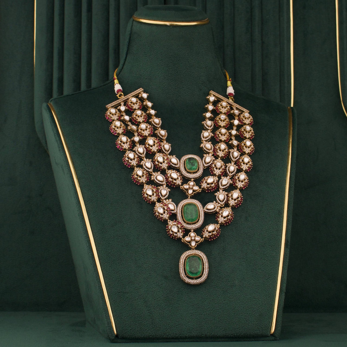 Royal Victorian Layered Polki Necklace Set With Emerald Green Stones And Matching Drop Earrings