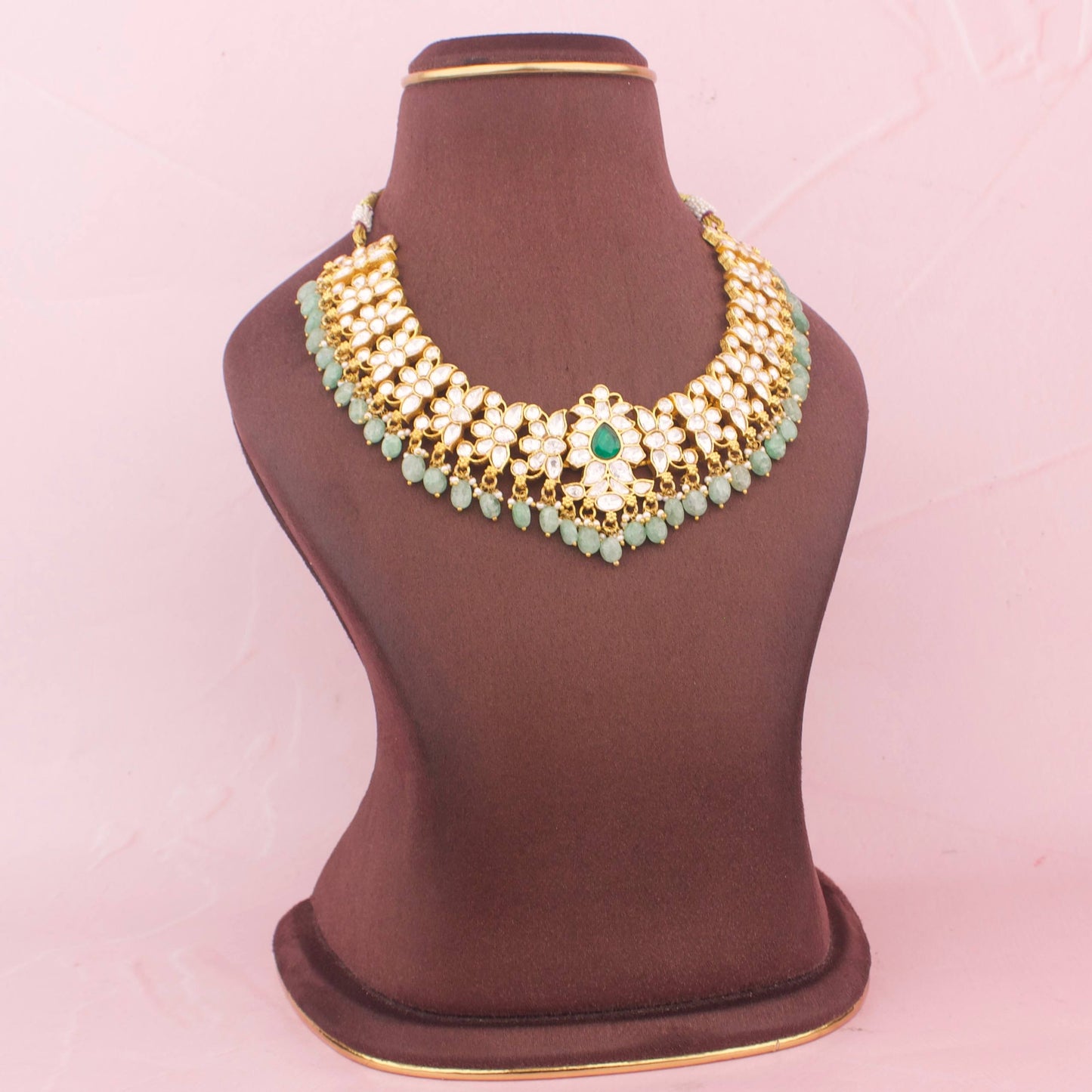 Close-Up Detail View of Royal Moissanite Polki Short Necklace with Green Beads Hanging | Dulhan Jewels