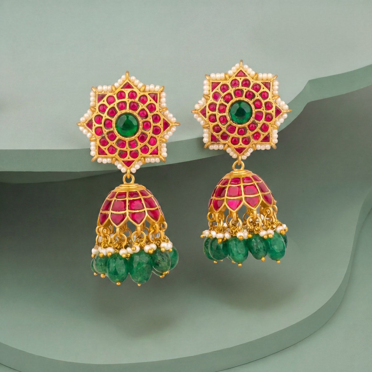 Surya Studded Jadau Kundan Jhumka With Green Beads As Droplets