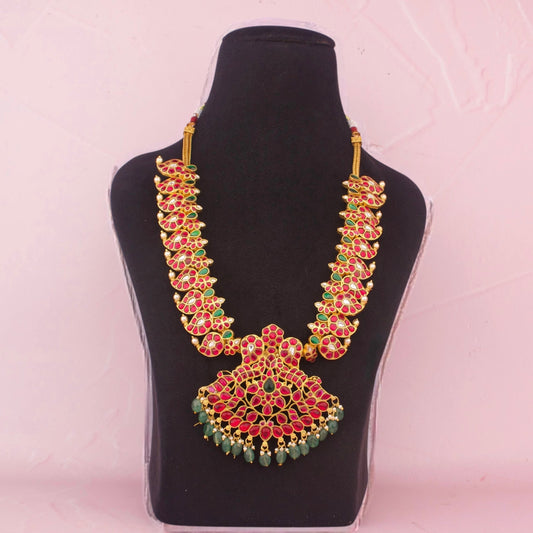 Grand Bridal Jadau Kundan Mango Haram With Green Bead Hangings