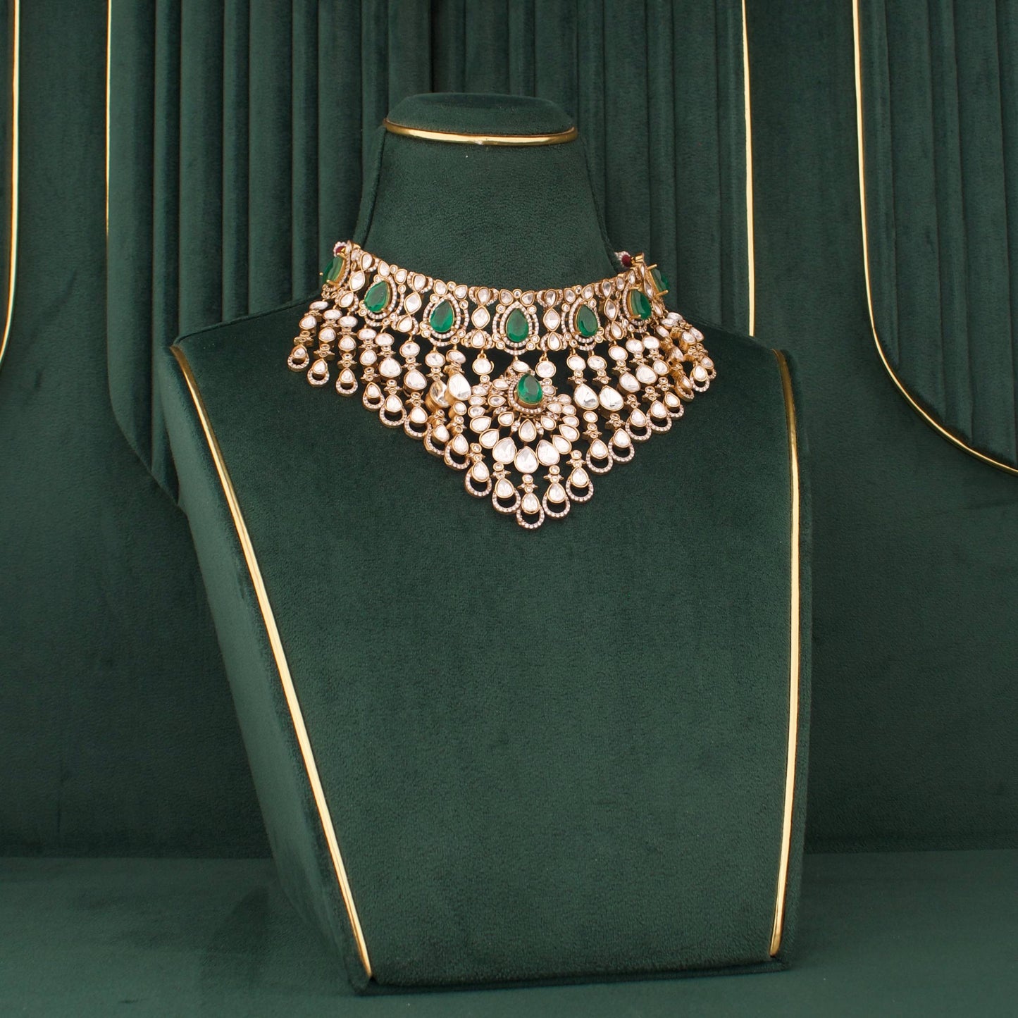 Victorian Polki Necklace Set with Layered Drops