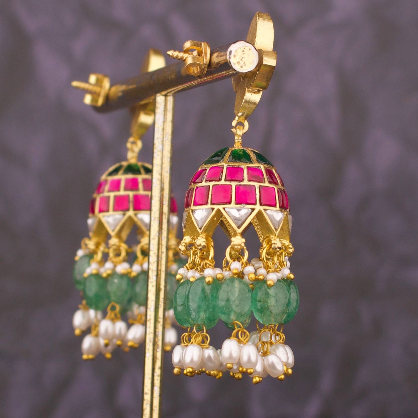 Classy Jadau Kundan Jhumka Earrings With Emerald Beads