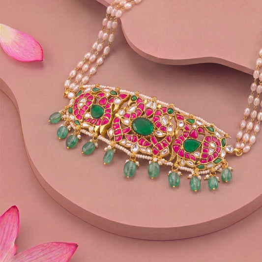 Peacock Design Pink-Green Jadau Kundan Choker With Emerald Hangings