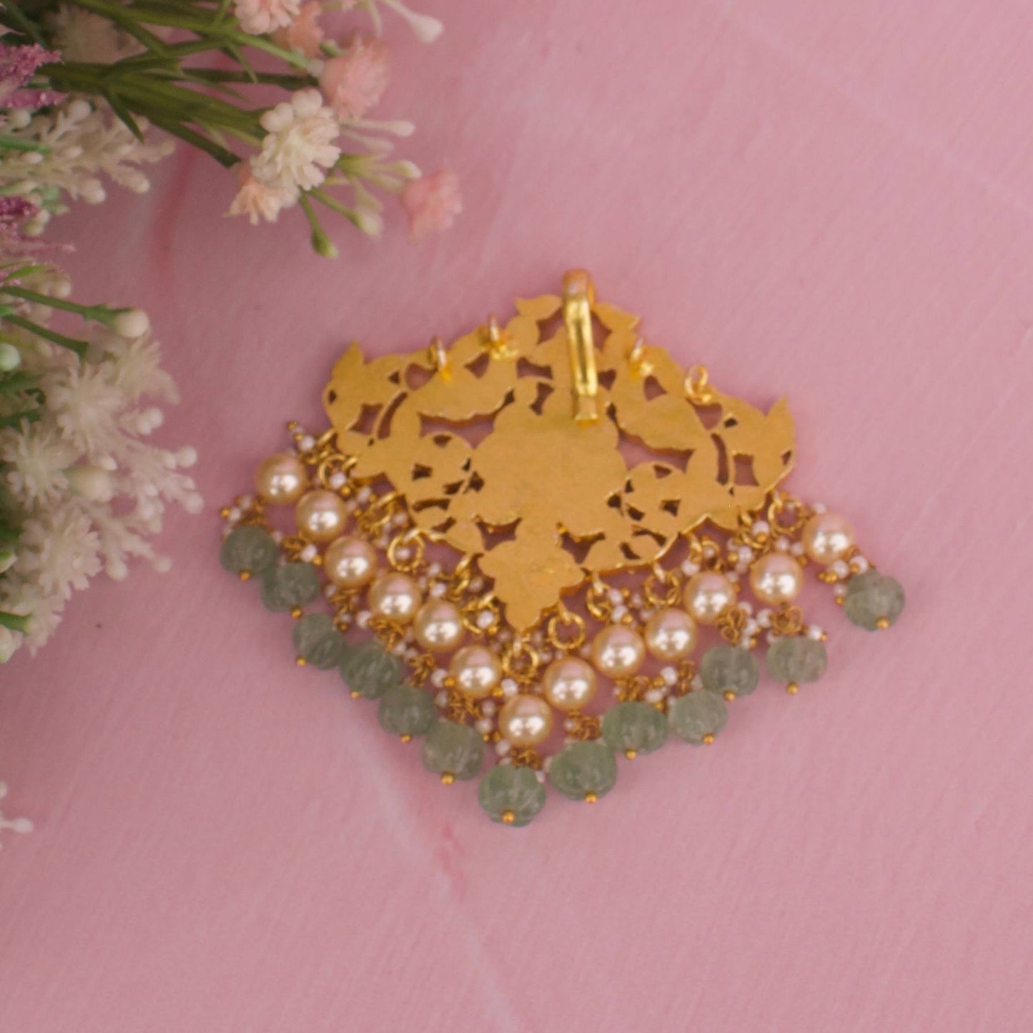 Opulent Jadau Kundan Pendant With Pumpkin Beads Hanging