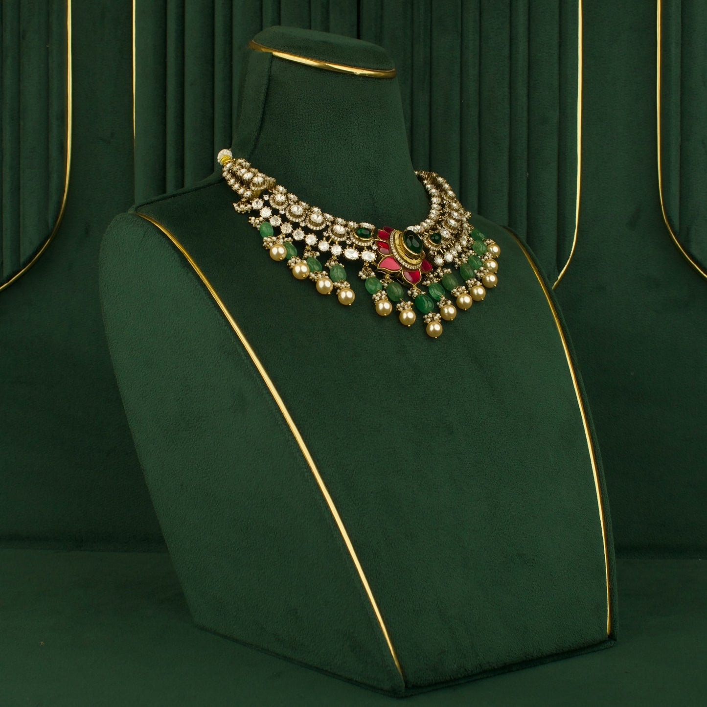 Graceful Victorian Fusion Kundan Polki Necklace With Earrings