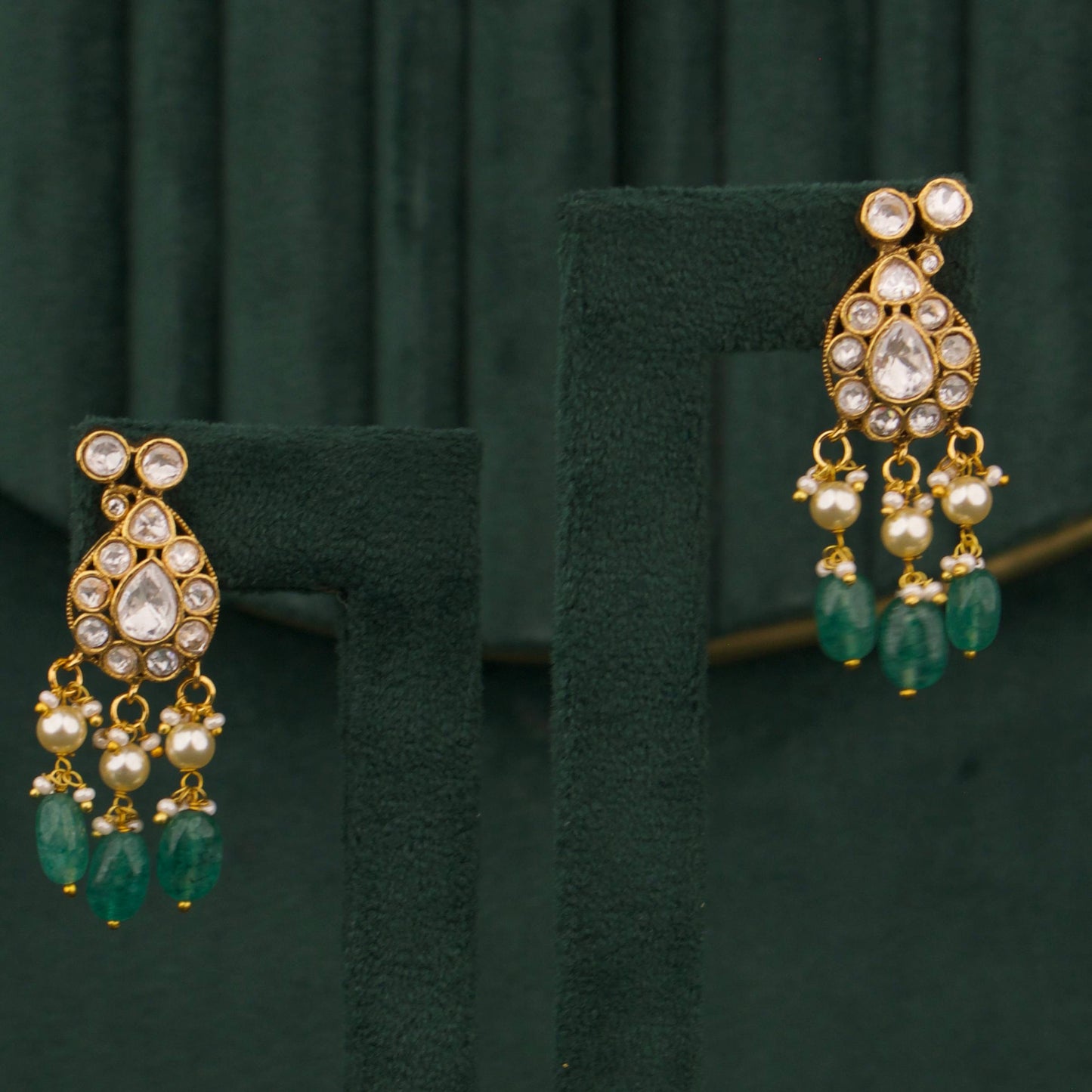 Polki Necklace Set With Green Beads And Matching Earrings