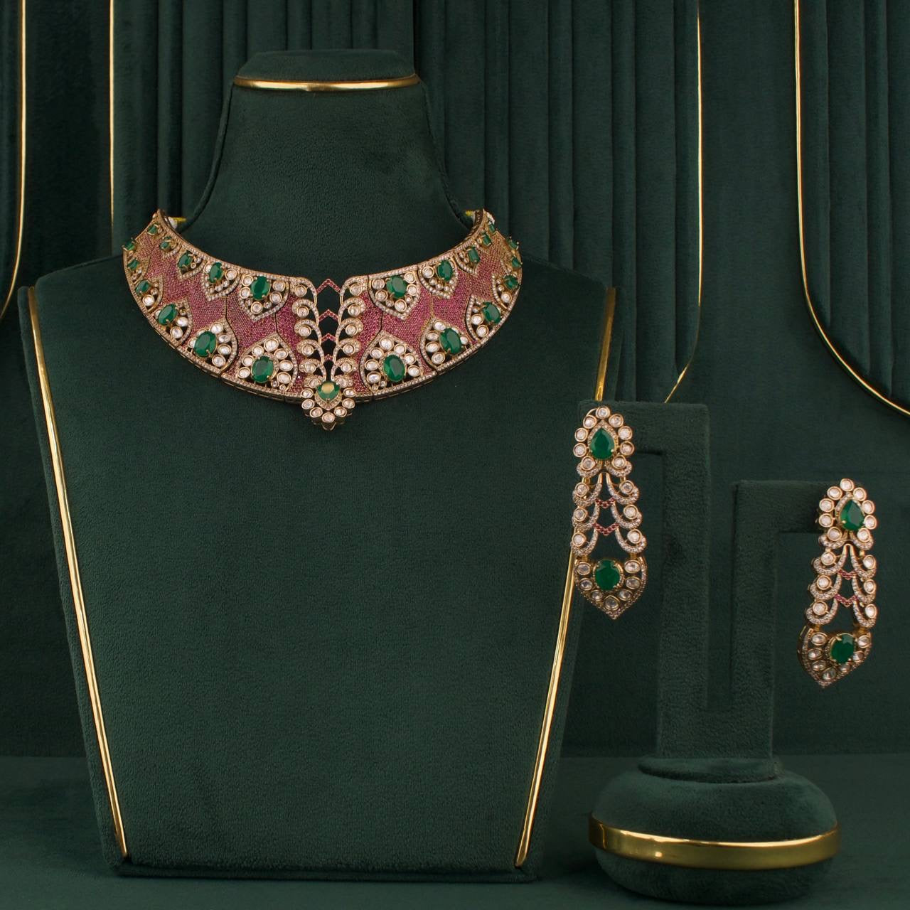 Bridal Moissanite Polki Choker Set With Hanging Earrings