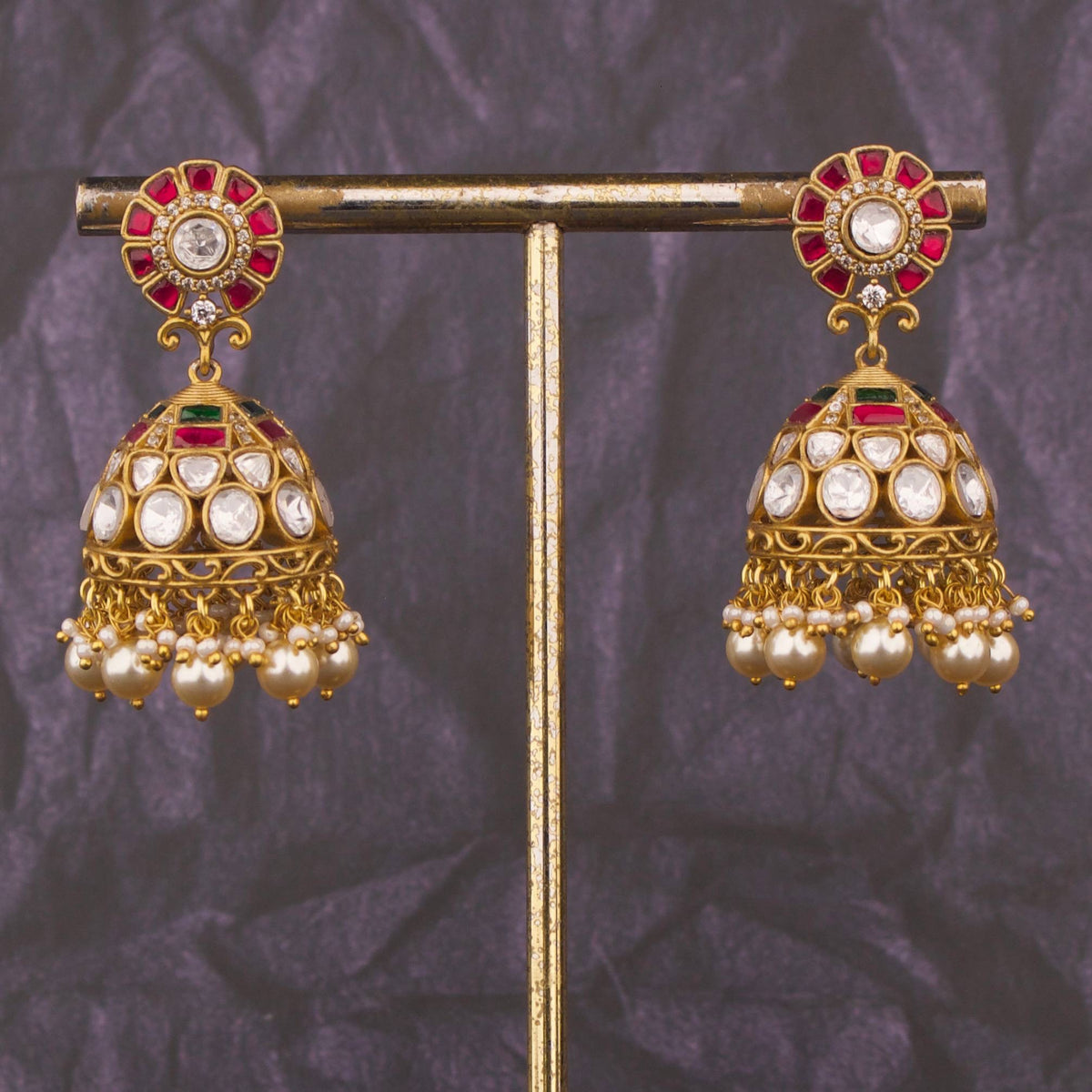 Graceful Fusion Polki x Jadau Kundan Jhumka Earrings - Handcrafted Indian Bridal Jewelry by Dulhan Jewels
