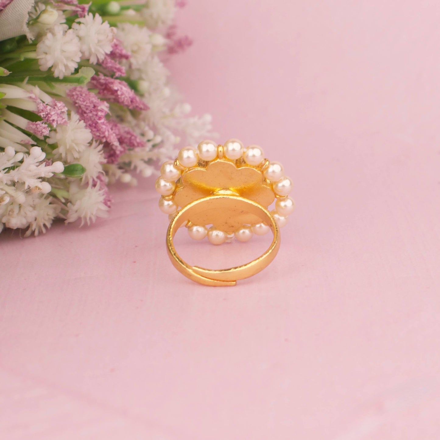 Floral Polki Statement Ring With Emerald Center And Pearl Border