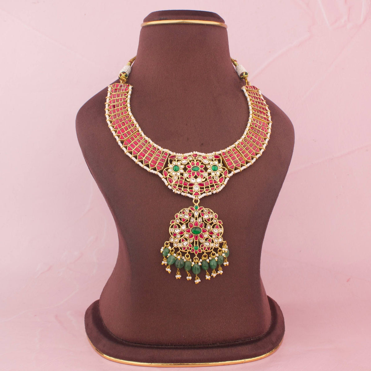 Bridal Jadau Kundan Reversible Necklace With Strawberry Beads - Handcrafted Indian Bridal Jewelry by Dulhan Jewels