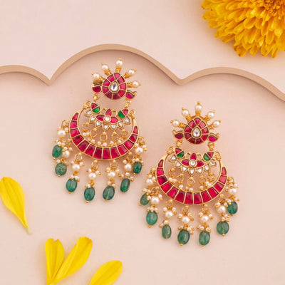 Regal Jadau Kundan Chandbali Earrings With Emerald Hangings