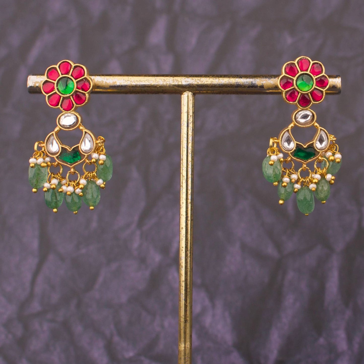 Floral Studded Small Sized Jadau Kundan Chandbali Earrings
