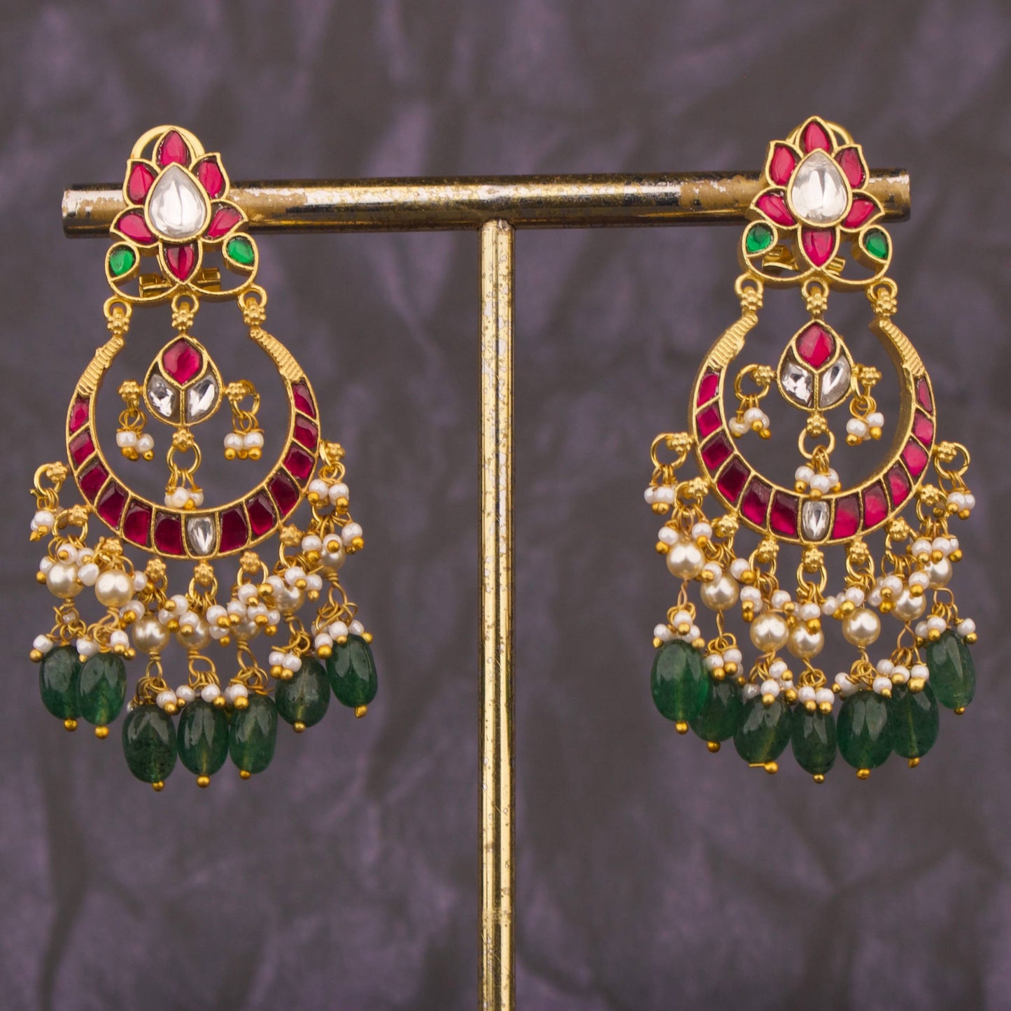 Refined Jadau Kundan Chandbali Earrings With Emerald Beads