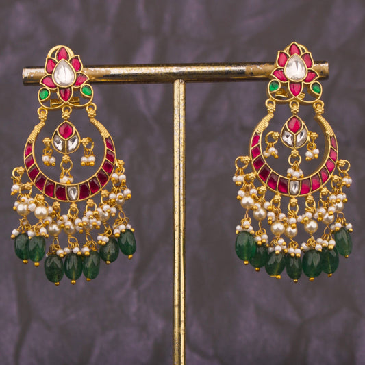 Refined Jadau Kundan Chandbali Earrings With Emerald Beads