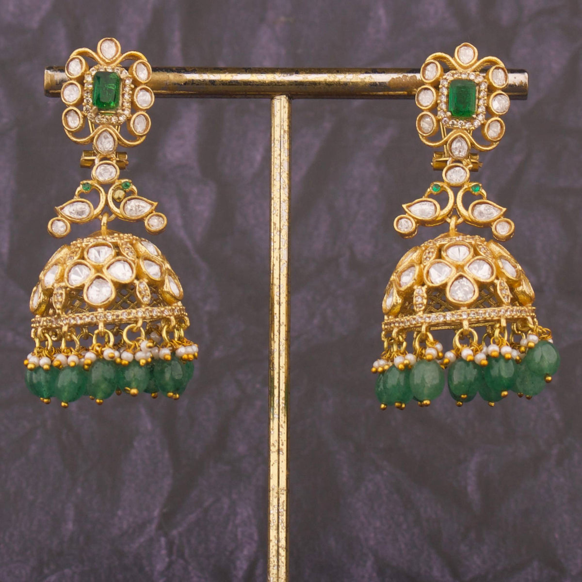 Unique Moissanite Polki Jhumki Earrings With Strawberry Beads - Handcrafted Indian Bridal Jewelry by Dulhan Jewels