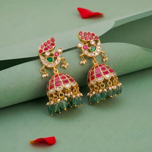 Royal Jadau Kundan Jhumkas With Peacock Stud