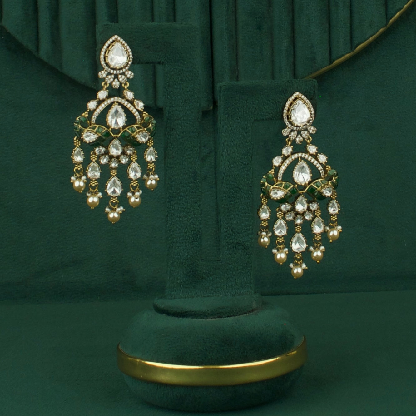 Captivating Polki Mehandi Victorian Chand Bali Earings With Swarovski Pearl