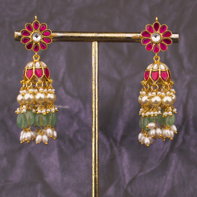 Phool Design Jadau Kundan Jhumka Earrings With Hangings