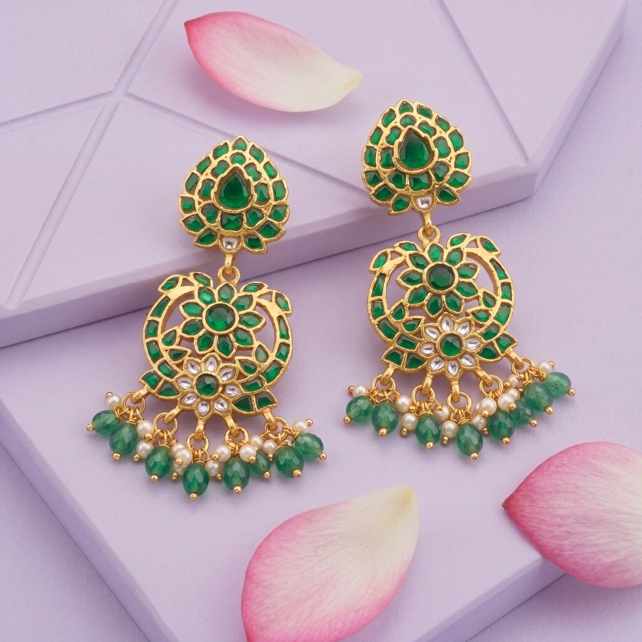 Emerald Fantasy Jadau Kundan Chandbali Earrings