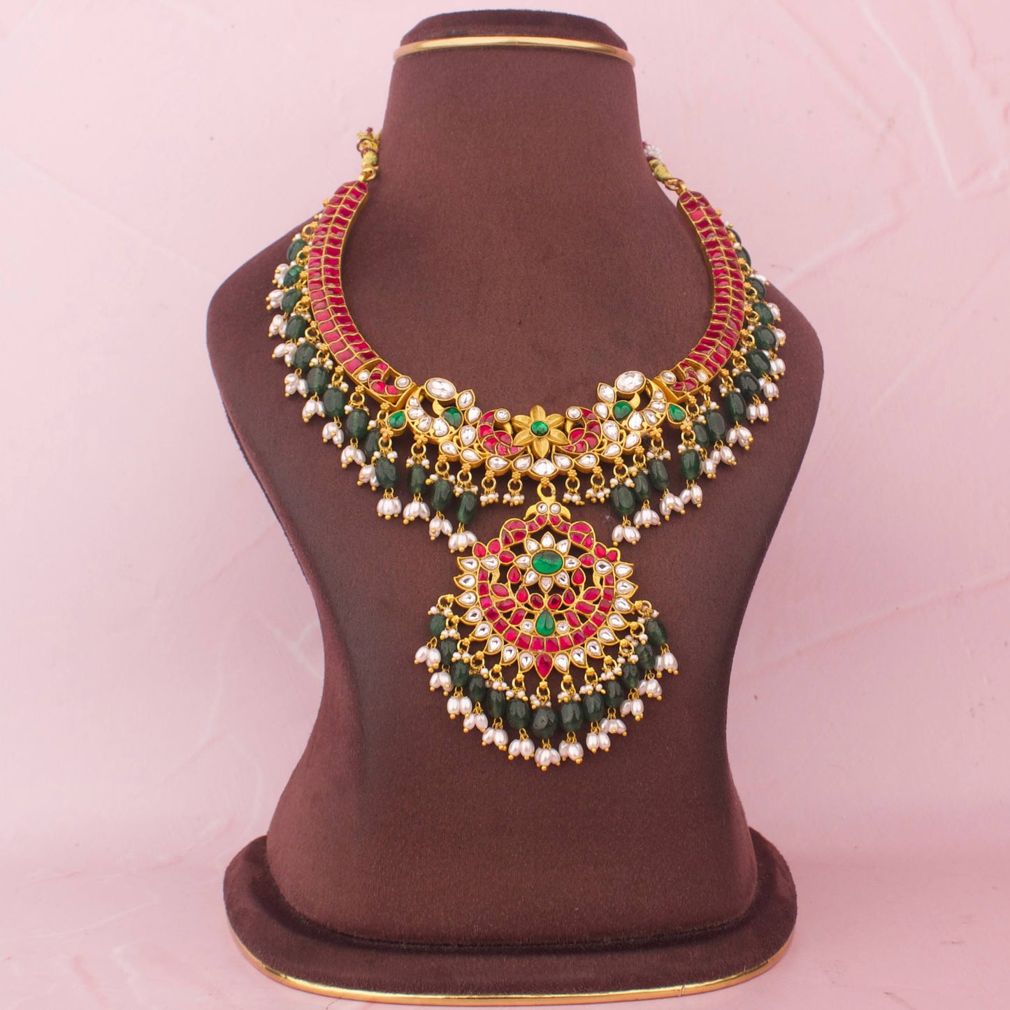 Gold Inspired Jadau Kundan Kanti Style Necklace With Beads Hangings