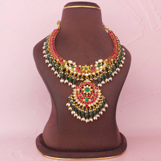 Gold Inspired Jadau Kundan Kanti Style Necklace With Beads Hangings