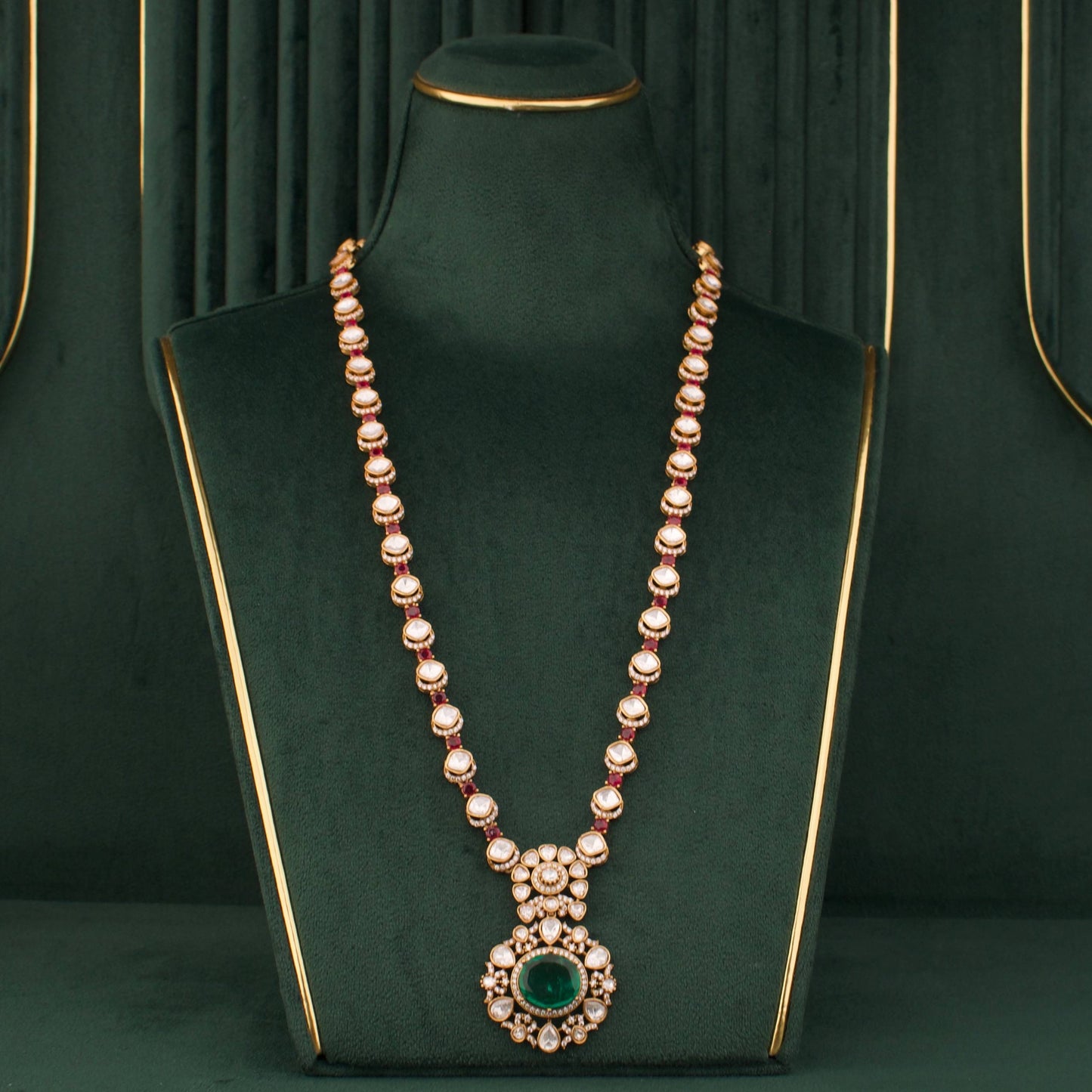 Elegant Emerald Polki Long Necklace With Pendant And Stud Earrings